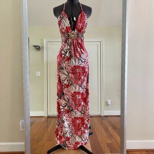 Sky Cream Red Floral Jersey Maxi Halter Dress